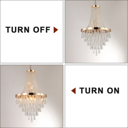 20-inch K9 crystal chandelier with gold finish, 11 lights, adjustable height 33-71 inches, shown in off state with crystal drops.