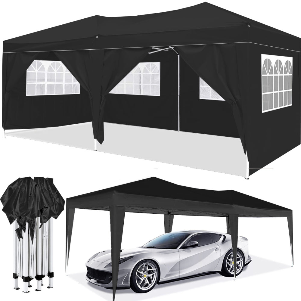 10×20 FT Pop-Up Canopy Tent | Easy No-Tool Setup with 6 Removable Sidewalls, Weight Bags & Carry Bag — White / Black Black
