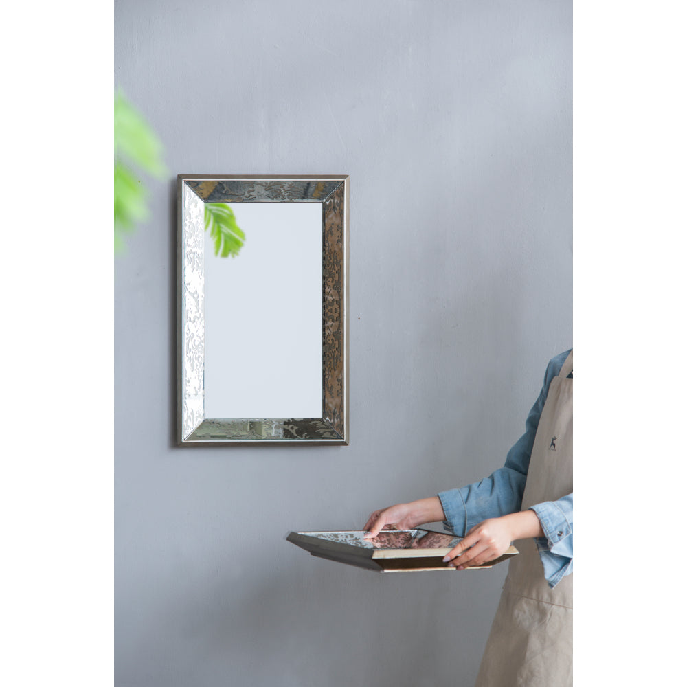 20×12" Antique Silver Floral Wall Mirror | Vintage Rectangular Hanging Mirror with Mirrored Frame & Weathered Wood Backing silver