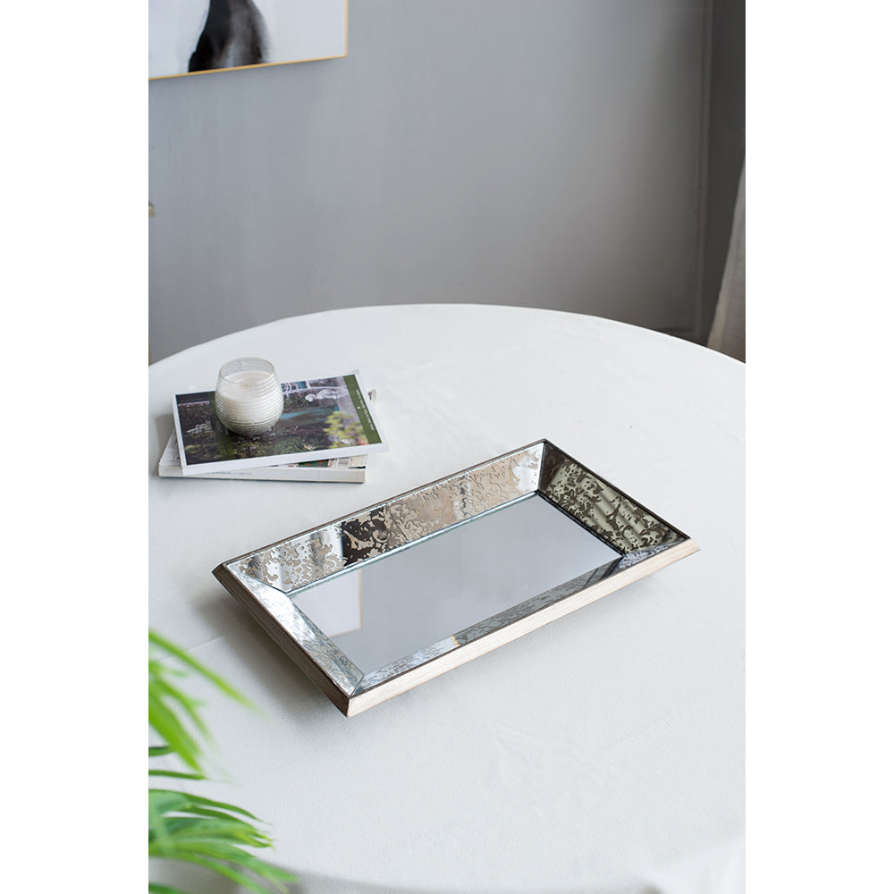 20×12" Antique Silver Floral Wall Mirror | Vintage Rectangular Hanging Mirror with Mirrored Frame & Weathered Wood Backing