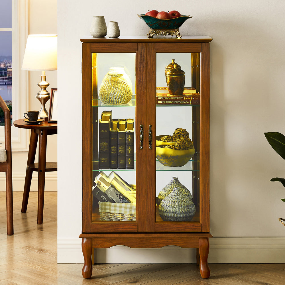 Lighted Curio Display Cabinet with Mirrored Back, Tempered Glass Doors & Adjustable Shelves | 3-Tier Corner Showcase — Oak