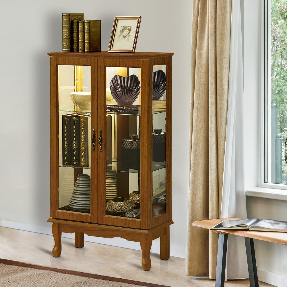 Lighted Curio Display Cabinet with Mirrored Back, Tempered Glass Doors & Adjustable Shelves | 3-Tier Corner Showcase — Oak
