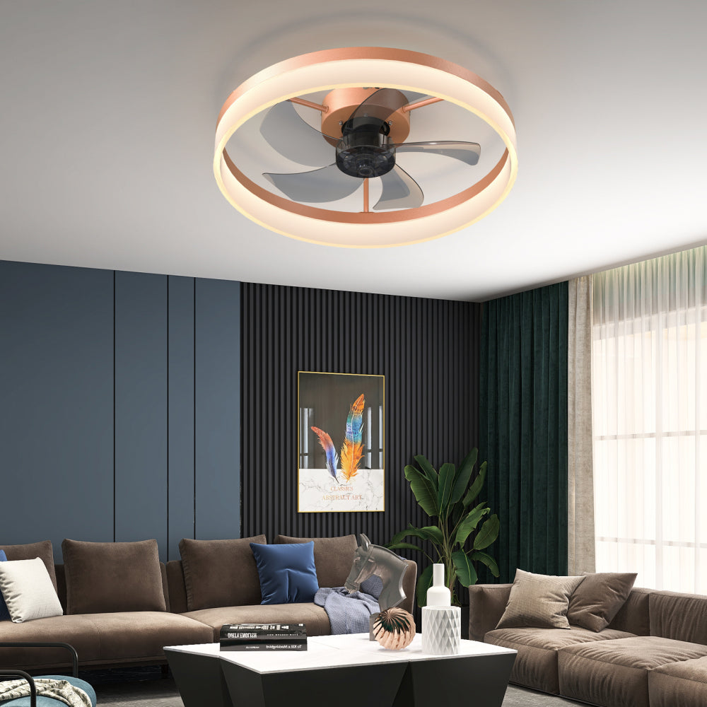 Flush Mount Ceiling Fan with Dimmable LED Light – Slim Embedded Design, Remote Control & Ultra-Quiet 21dB Motor Gold