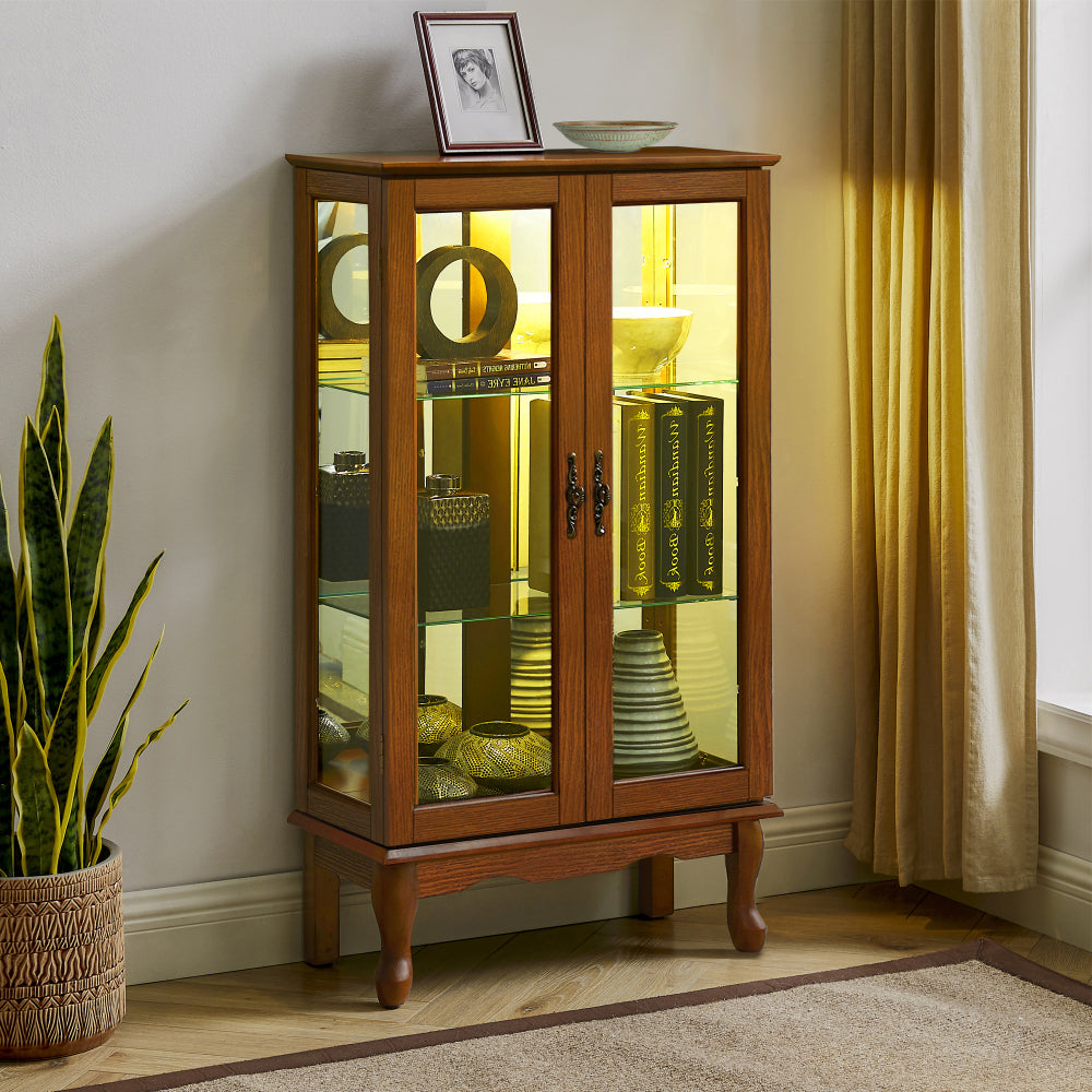 Lighted Curio Display Cabinet with Mirrored Back, Tempered Glass Doors & Adjustable Shelves | 3-Tier Corner Showcase — Oak