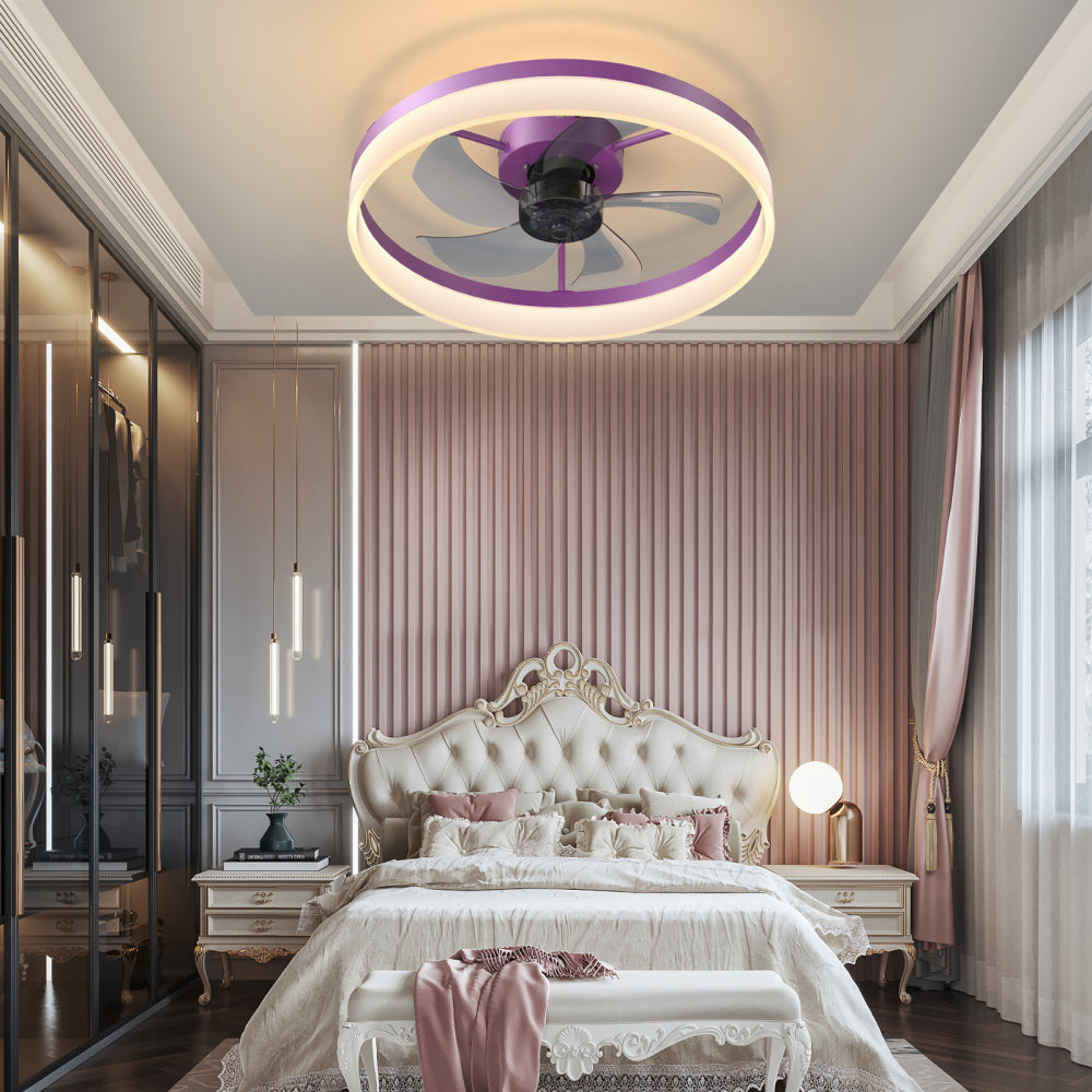 Flush Mount Ceiling Fan with Dimmable LED Light – Slim Embedded Design, Remote Control & Ultra-Quiet 21dB Motor Purple