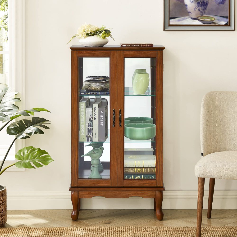 Lighted Curio Display Cabinet with Mirrored Back, Tempered Glass Doors & Adjustable Shelves | 3-Tier Corner Showcase — Oak