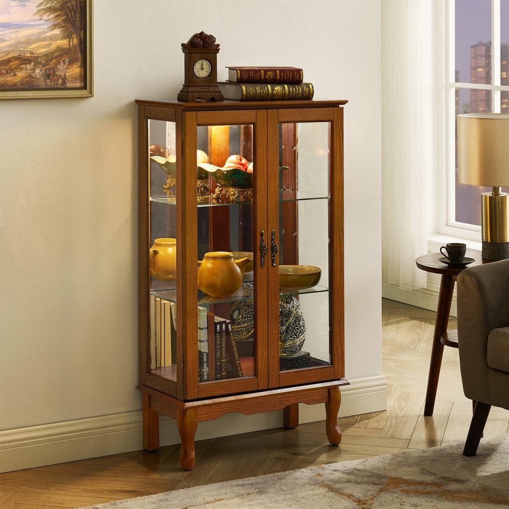 Lighted Curio Display Cabinet with Mirrored Back, Tempered Glass Doors & Adjustable Shelves | 3-Tier Corner Showcase — Oak