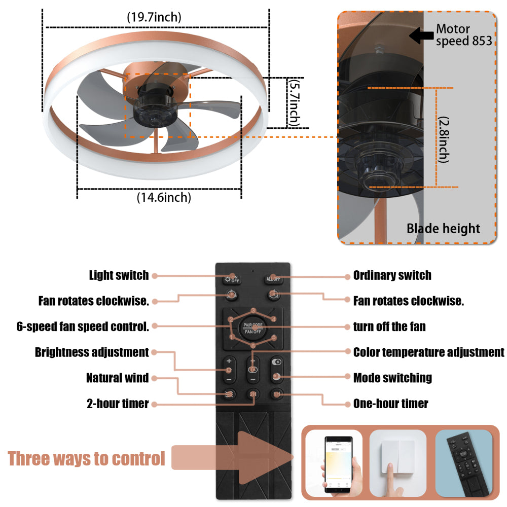 Flush Mount Ceiling Fan with Dimmable LED Light – Slim Embedded Design, Remote Control & Ultra-Quiet 21dB Motor