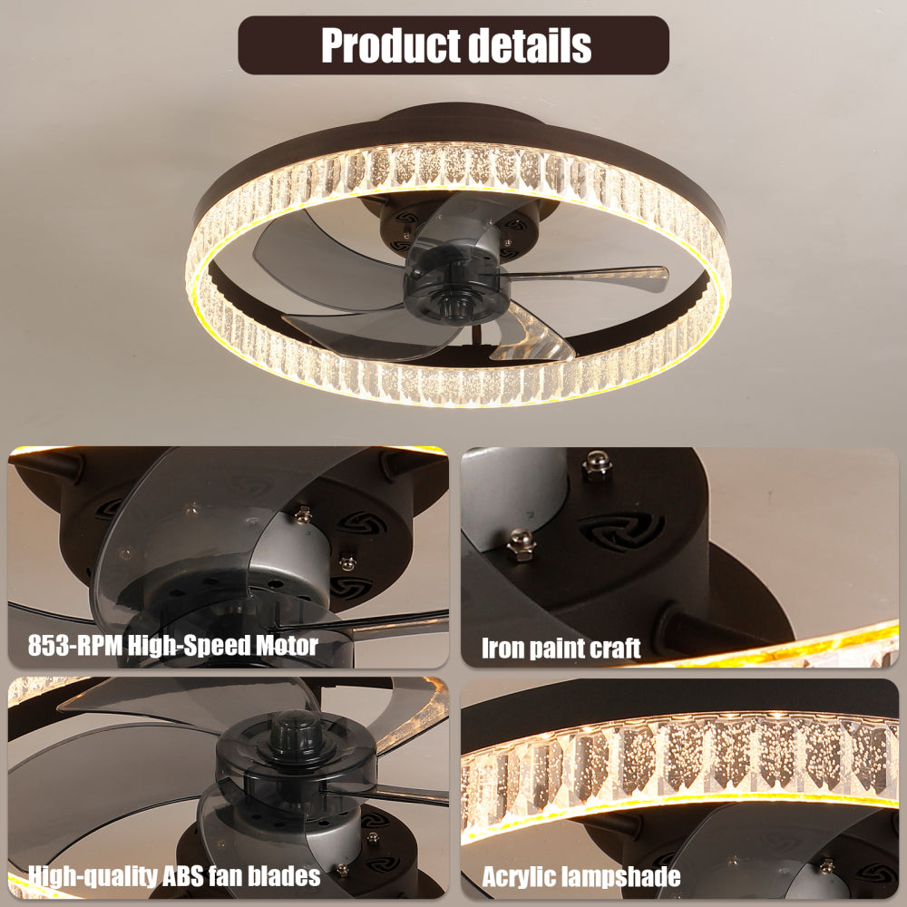 20" Flush Mount Ceiling Fan with LED Light – Crystal Ring Design, Remote Control & Dimmable 3CCT | Bedroom & Living Room