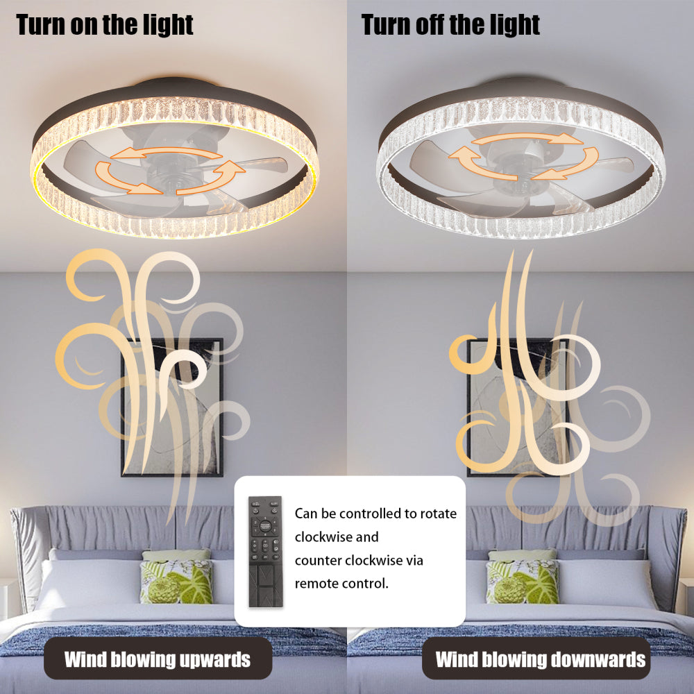 20" Flush Mount Ceiling Fan with LED Light – Crystal Ring Design, Remote Control & Dimmable 3CCT | Bedroom & Living Room