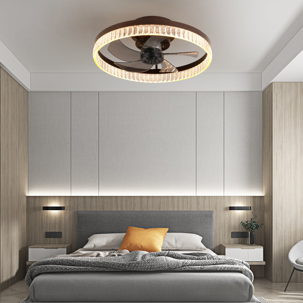 20" Flush Mount Ceiling Fan with LED Light – Crystal Ring Design, Remote Control & Dimmable 3CCT | Bedroom & Living Room Brown