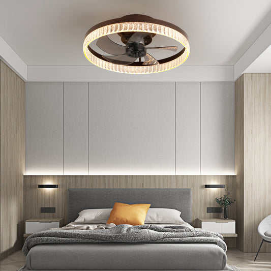 20" Flush Mount Ceiling Fan with LED Light – Crystal Ring Design, Remote Control & Dimmable 3CCT | Bedroom & Living Room Brown