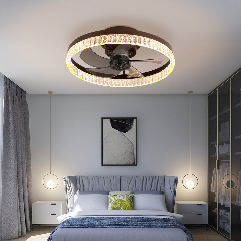 20" Flush Mount Ceiling Fan with LED Light – Crystal Ring Design, Remote Control & Dimmable 3CCT | Bedroom & Living Room
