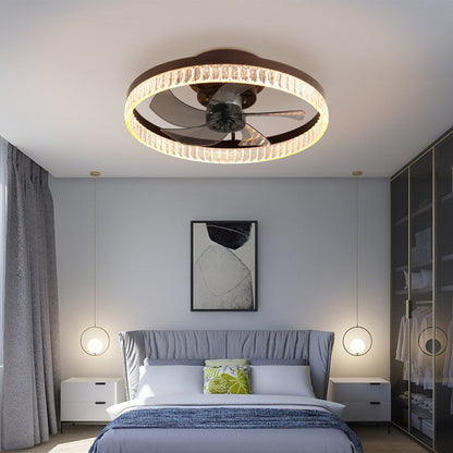 20" Flush Mount Ceiling Fan with LED Light – Crystal Ring Design, Remote Control & Dimmable 3CCT | Bedroom & Living Room