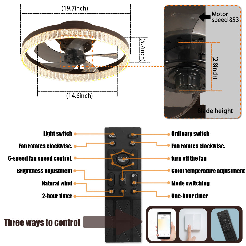 20" Flush Mount Ceiling Fan with LED Light – Crystal Ring Design, Remote Control & Dimmable 3CCT | Bedroom & Living Room