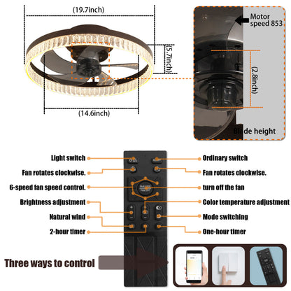 20" Flush Mount Ceiling Fan with LED Light – Crystal Ring Design, Remote Control & Dimmable 3CCT | Bedroom & Living Room