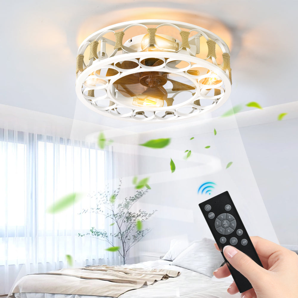Caged Flush Mount Ceiling Fan with LED Lights & Remote – Farmhouse Matte Black, 6 Speeds & Reversible DC Motor White