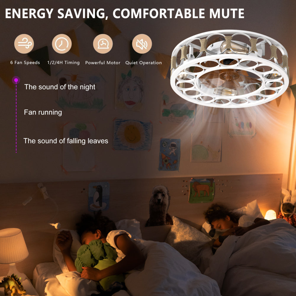 Caged Flush Mount Ceiling Fan with LED Lights & Remote – Farmhouse Matte Black, 6 Speeds & Reversible DC Motor