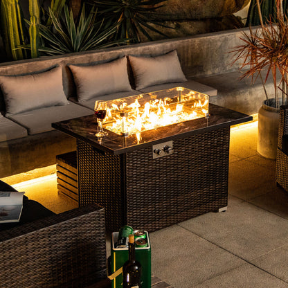 44" Propane Fire Pit Table | 50,000 BTU Rectangular Wicker Fire Table with Marble Tile Top & Glass Windscreen — Brown