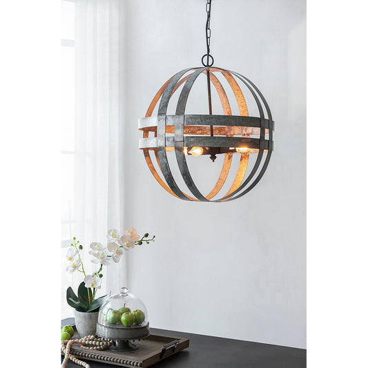 4-Light Galvanized Steel Chandelier | Industrial Antique Silver Spherical Pendant for Kitchen & Dining Room