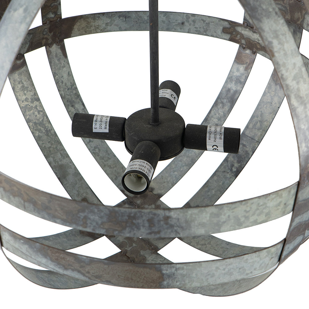 4-Light Galvanized Steel Chandelier | Industrial Antique Silver Spherical Pendant for Kitchen & Dining Room