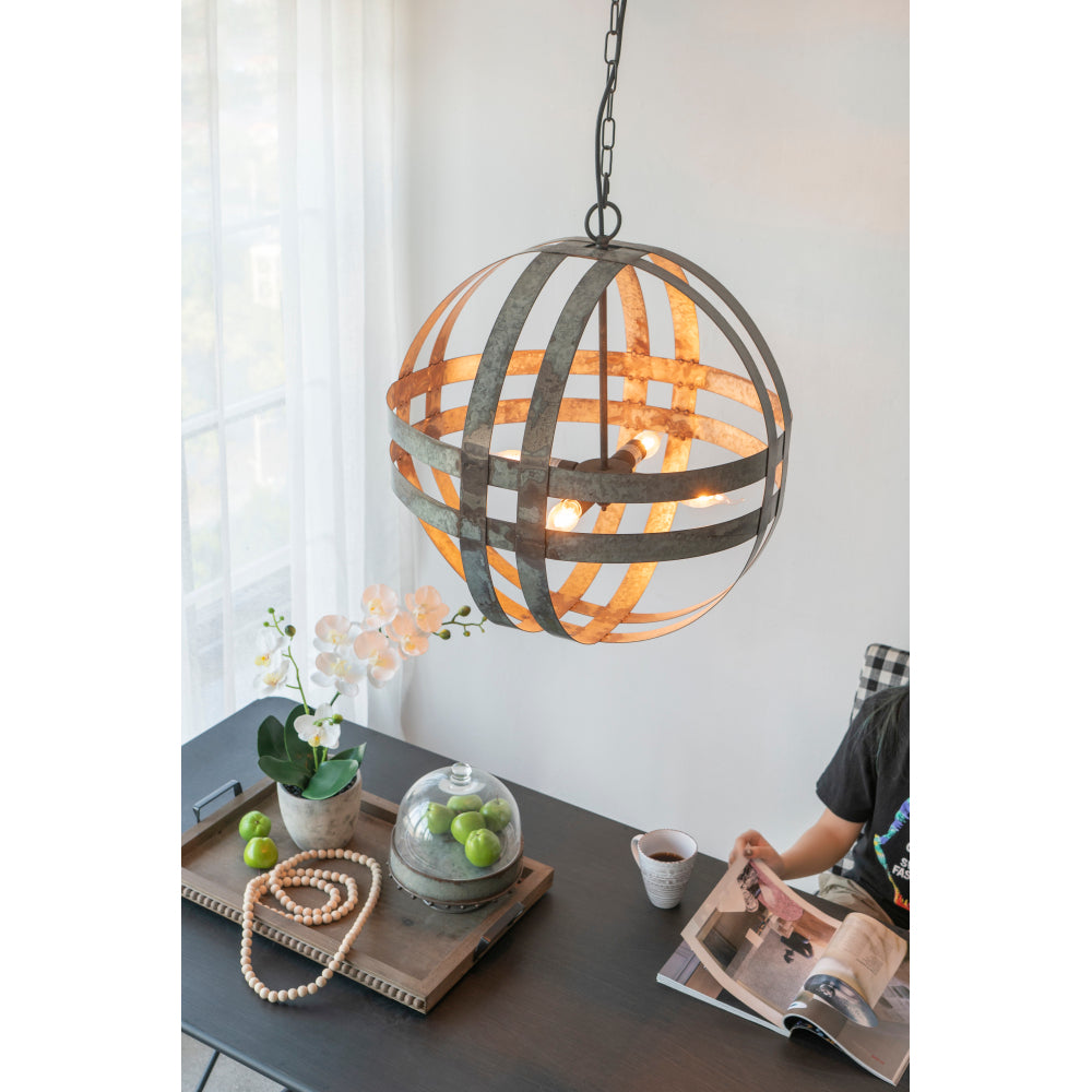 4-Light Galvanized Steel Chandelier | Industrial Antique Silver Spherical Pendant for Kitchen & Dining Room