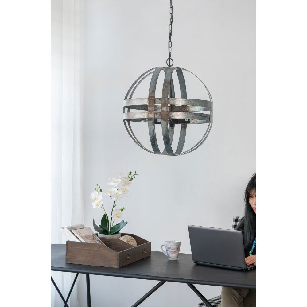 4-Light Galvanized Steel Chandelier | Industrial Antique Silver Spherical Pendant for Kitchen & Dining Room