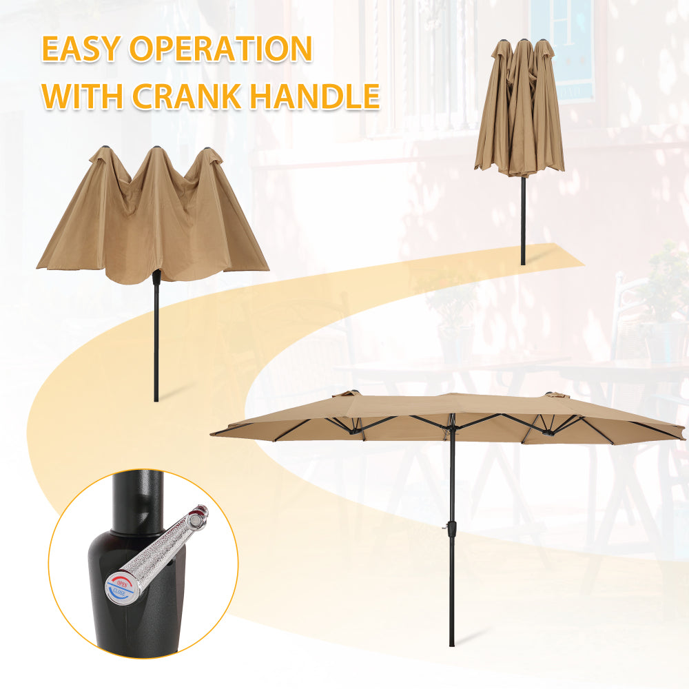 15×9 FT Double-Sided Patio Umbrella with LED Light & Base | Large Rectangular Market Umbrella with Crank & Wind Vents — Taupe