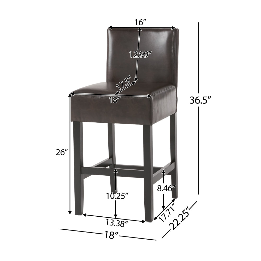 26" Brown Leather Counter Stools with Ergonomic Back | Set of 2 Bonded Leather Kitchen Island Stools — Rubberwood Legs