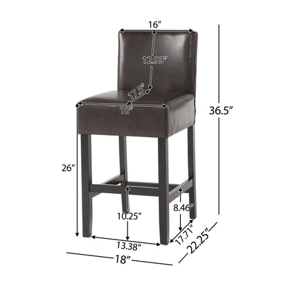 26" Brown Leather Counter Stools with Ergonomic Back | Set of 2 Bonded Leather Kitchen Island Stools — Rubberwood Legs