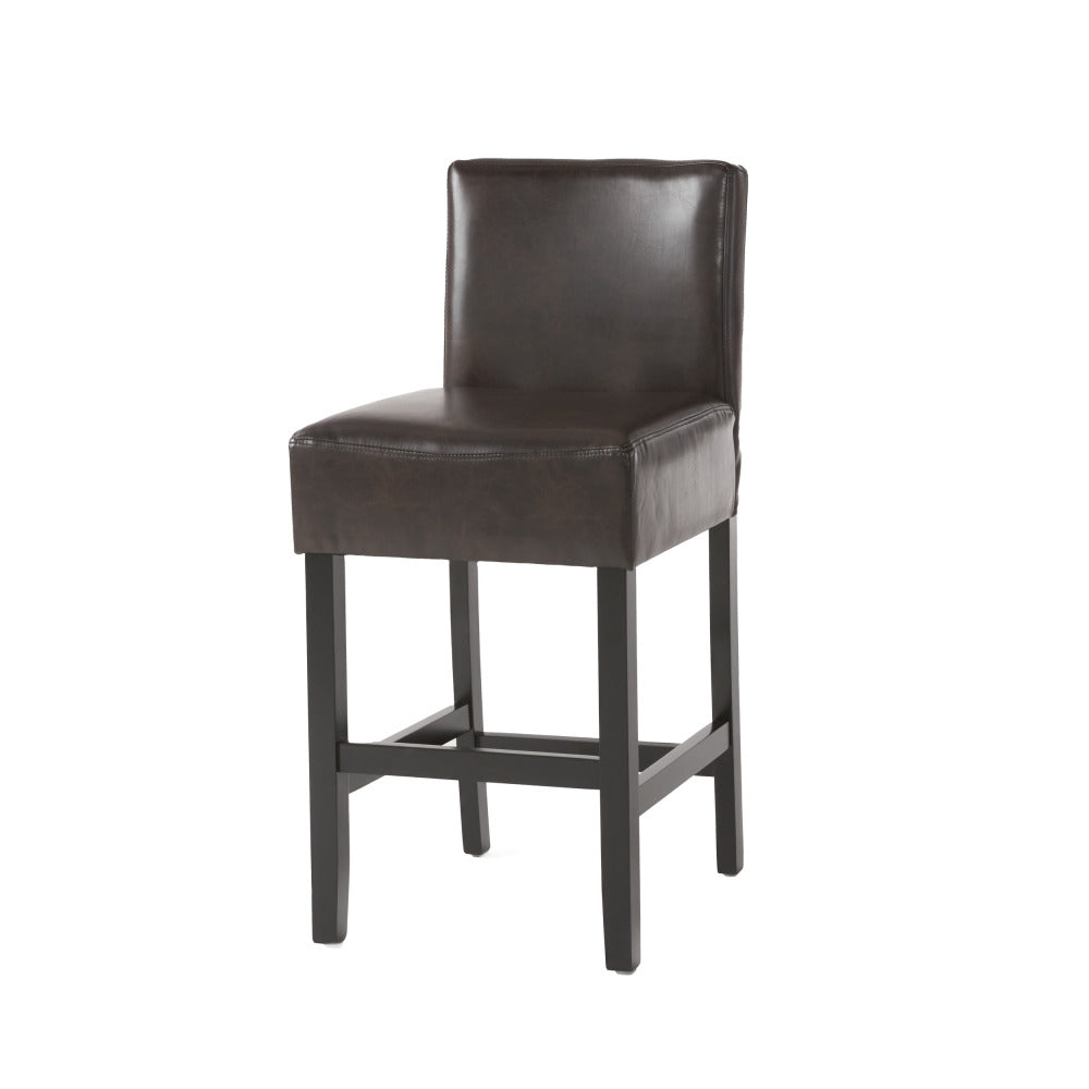 26" Brown Leather Counter Stools with Ergonomic Back | Set of 2 Bonded Leather Kitchen Island Stools — Rubberwood Legs