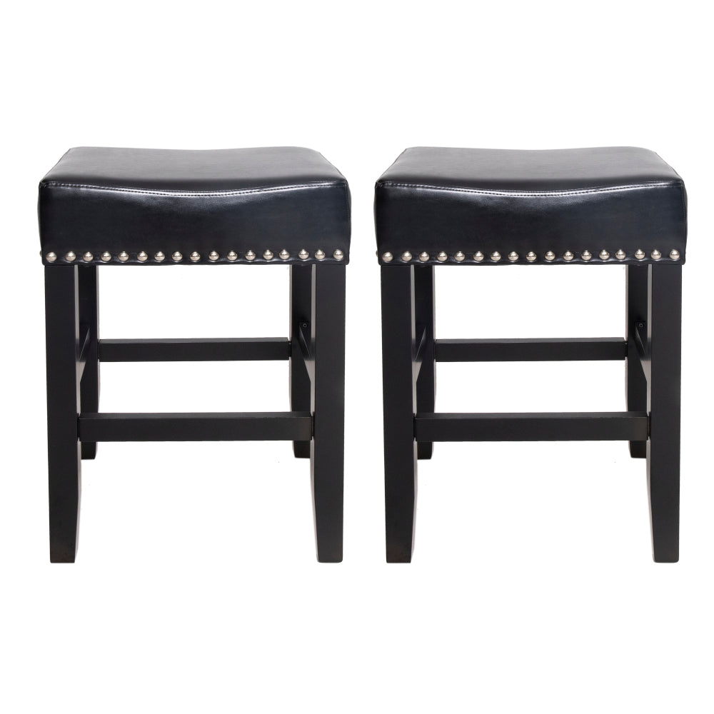 26" Backless Leather Counter Stools | Set of 2 Padded Saddle Seats with Chrome Nailhead Trim