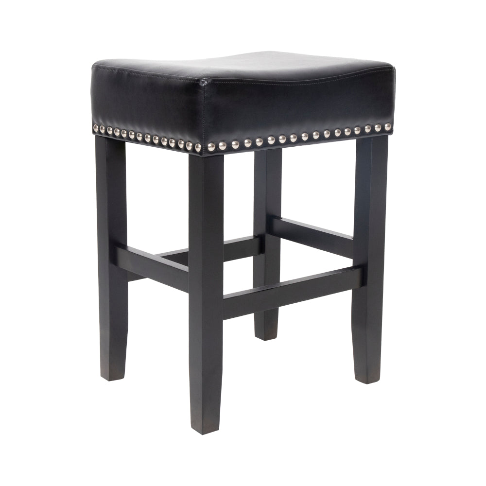 26" Backless Leather Counter Stools | Set of 2 Padded Saddle Seats with Chrome Nailhead Trim