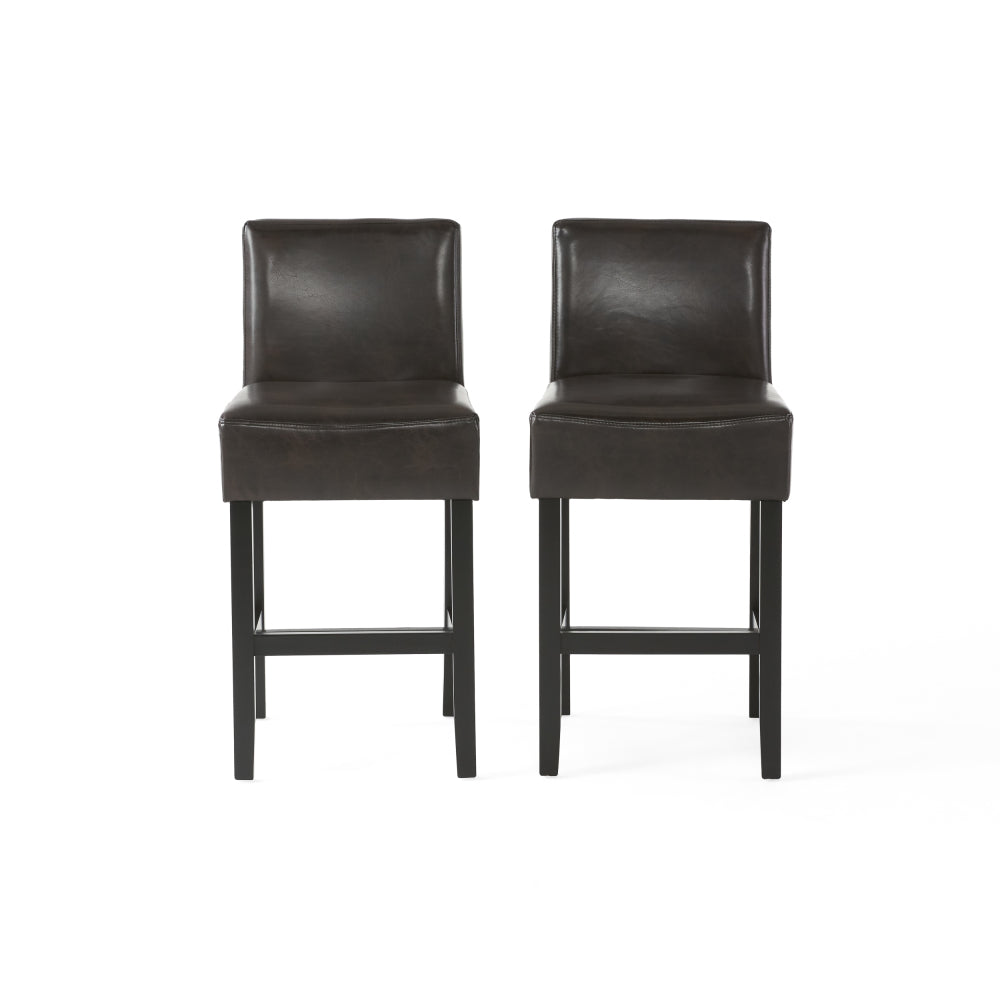 26" Brown Leather Counter Stools with Ergonomic Back | Set of 2 Bonded Leather Kitchen Island Stools — Rubberwood Legs