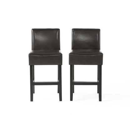 26" Brown Leather Counter Stools with Ergonomic Back | Set of 2 Bonded Leather Kitchen Island Stools — Rubberwood Legs