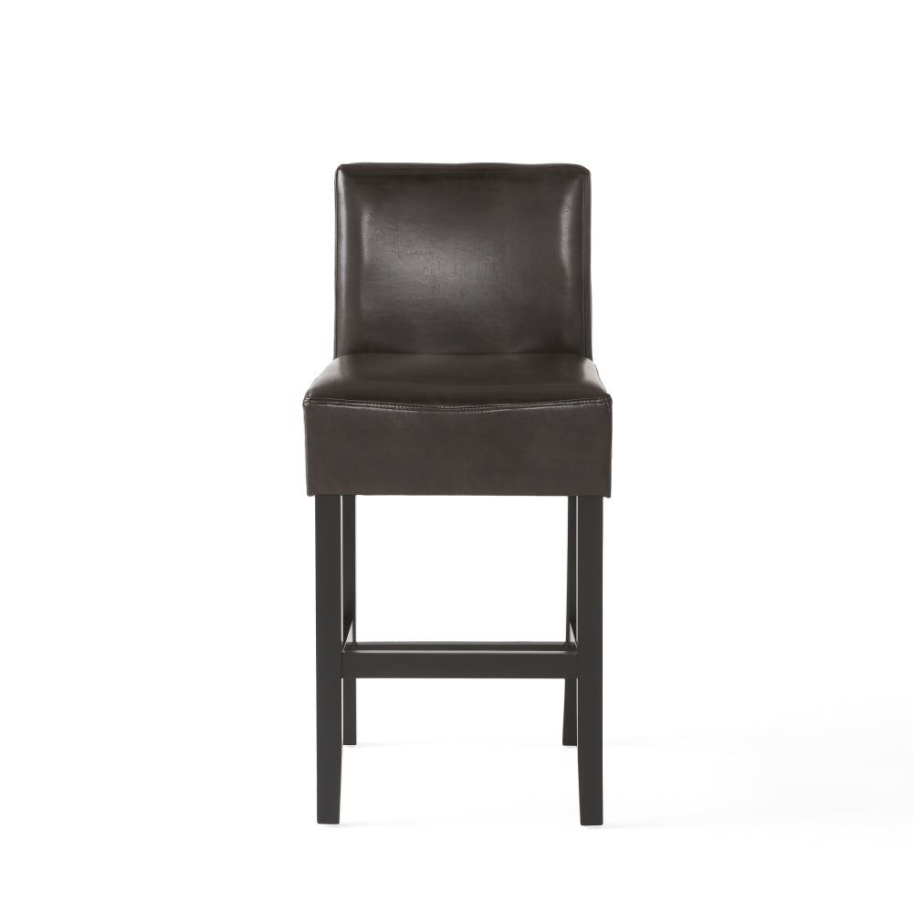 26" Brown Leather Counter Stools with Ergonomic Back | Set of 2 Bonded Leather Kitchen Island Stools — Rubberwood Legs
