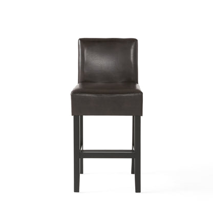 26" Brown Leather Counter Stools with Ergonomic Back | Set of 2 Bonded Leather Kitchen Island Stools — Rubberwood Legs