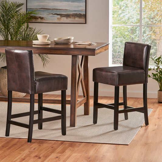 26" Brown Leather Counter Stools with Ergonomic Back | Set of 2 Bonded Leather Kitchen Island Stools — Rubberwood Legs