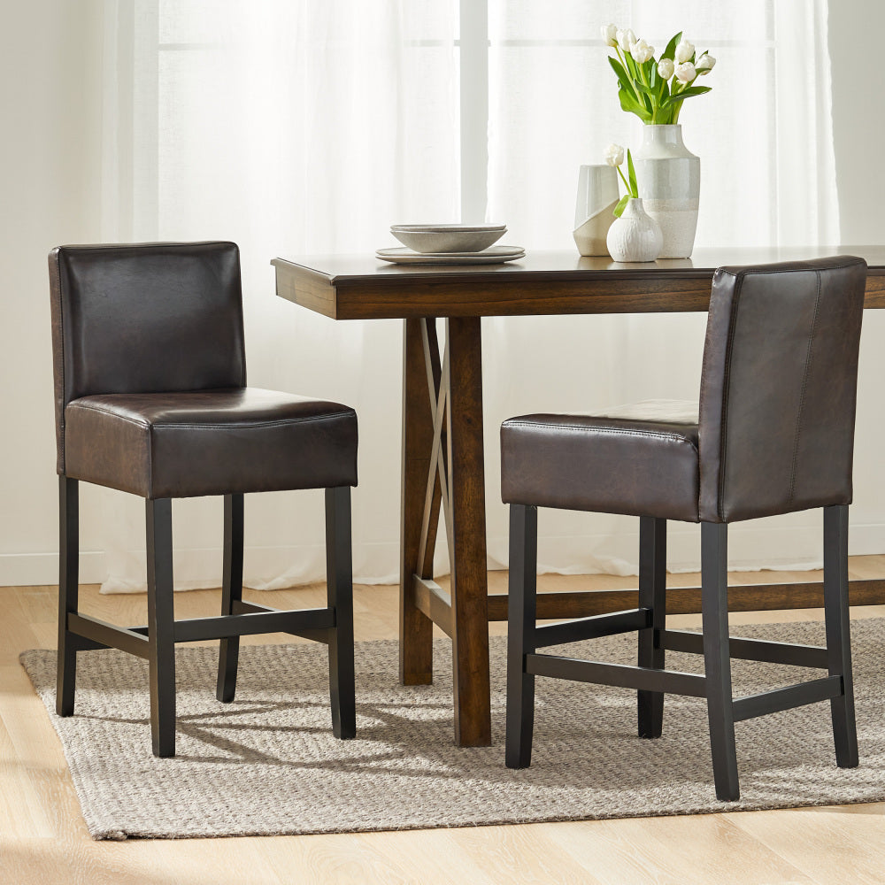 26" Brown Leather Counter Stools with Ergonomic Back | Set of 2 Bonded Leather Kitchen Island Stools — Rubberwood Legs Brown