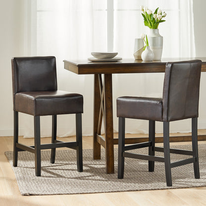 26" Brown Leather Counter Stools with Ergonomic Back | Set of 2 Bonded Leather Kitchen Island Stools — Rubberwood Legs Brown