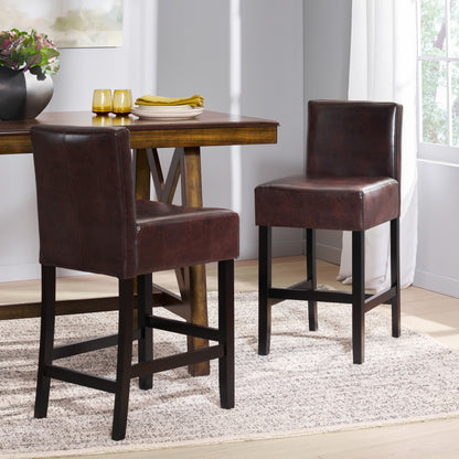 26" Brown Leather Counter Stools with Ergonomic Back | Set of 2 Bonded Leather Kitchen Island Stools — Rubberwood Legs