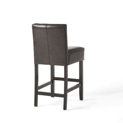26" Brown Leather Counter Stools with Ergonomic Back | Set of 2 Bonded Leather Kitchen Island Stools — Rubberwood Legs