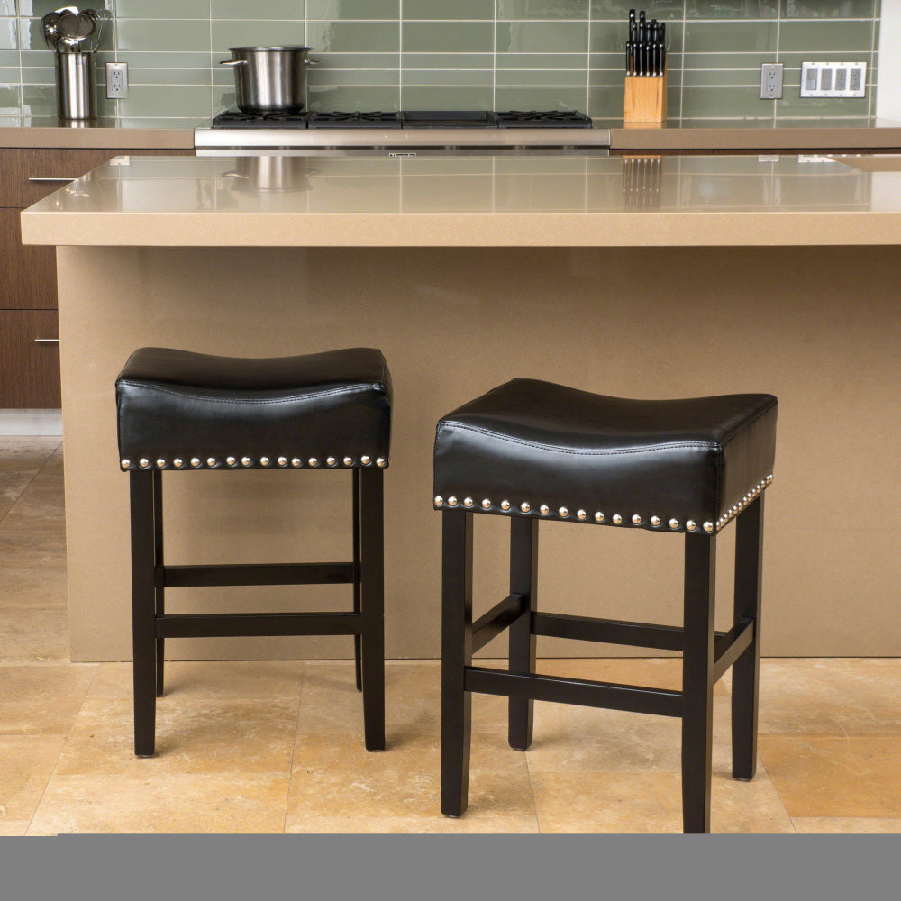 26" Backless Leather Counter Stools | Set of 2 Padded Saddle Seats with Chrome Nailhead Trim Black