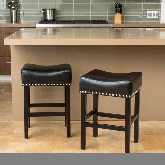26" Backless Leather Counter Stools | Set of 2 Padded Saddle Seats with Chrome Nailhead Trim Black