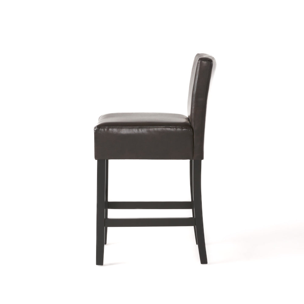 26" Brown Leather Counter Stools with Ergonomic Back | Set of 2 Bonded Leather Kitchen Island Stools — Rubberwood Legs