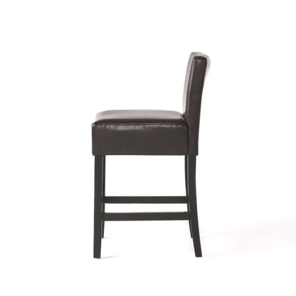 26" Brown Leather Counter Stools with Ergonomic Back | Set of 2 Bonded Leather Kitchen Island Stools — Rubberwood Legs
