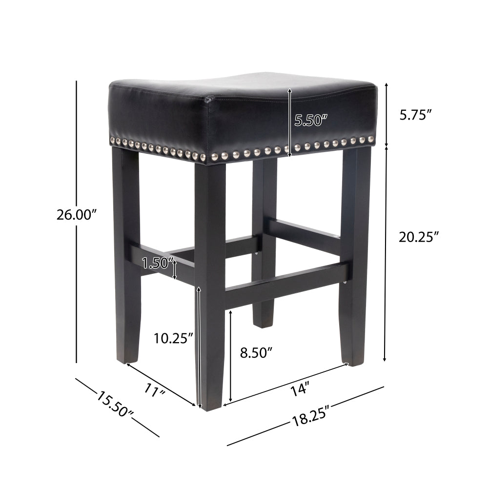 26" Backless Leather Counter Stools | Set of 2 Padded Saddle Seats with Chrome Nailhead Trim