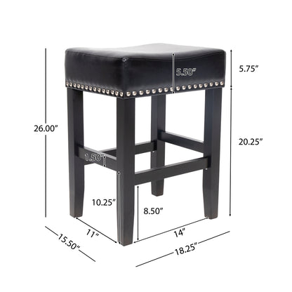 26" Backless Leather Counter Stools | Set of 2 Padded Saddle Seats with Chrome Nailhead Trim