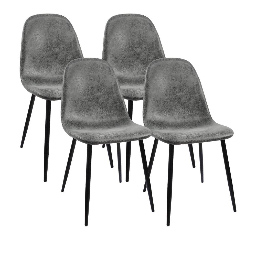 Mid-Century Dining Chairs Set of 4 | Spoon-Back Upholstered Seats & Black Metal Legs — Brown / Grey
