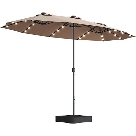 15×9 FT Double-Sided Patio Umbrella with LED Light & Base | Large Rectangular Market Umbrella with Crank & Wind Vents — Taupe
